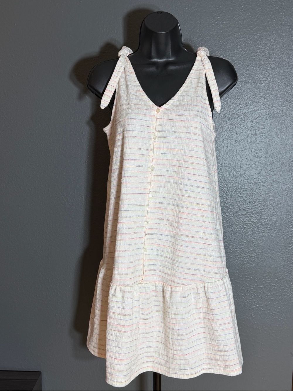 LOFT Cream Mini Dress with Subtle Multi-Stripe and Tie Shoulders
